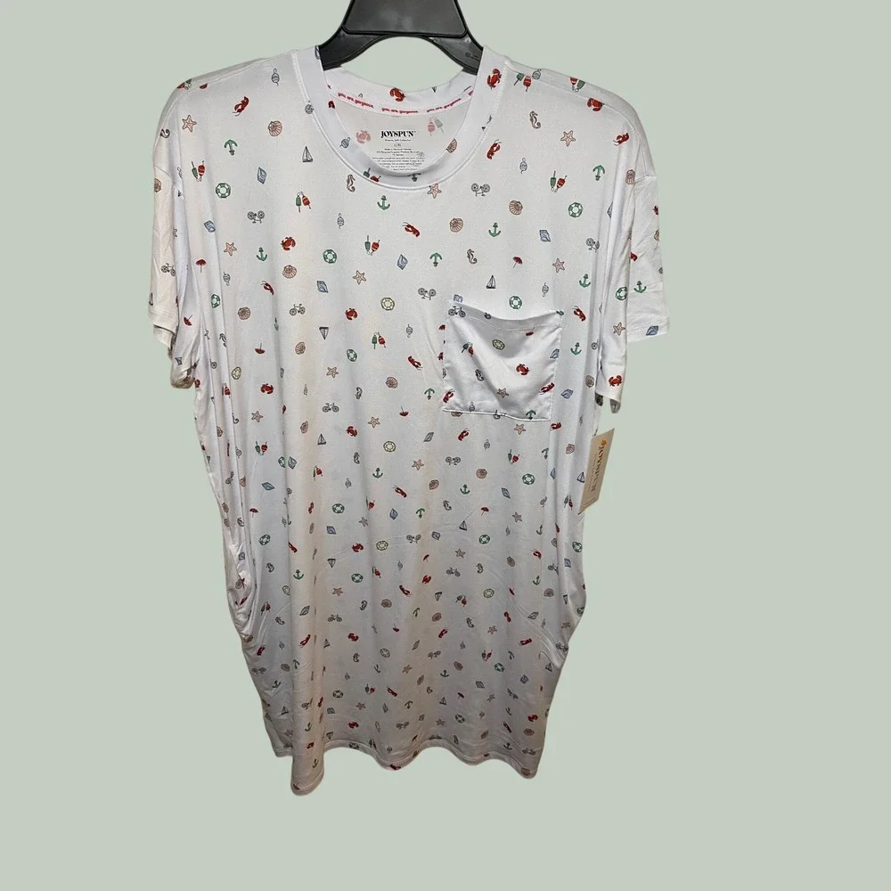 Joyspun Women Sleepshirt L/XL White Nautical Lobster Crab Shell Pocket Nightgown